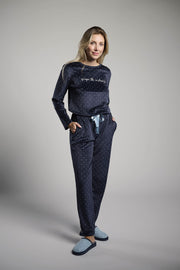 Pijama largo de terciopelo mujer marino estampado lunares