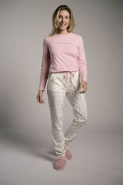 Pijama largo algodón mujer rosa y blanco