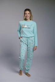 Pijama largo algodón mujer estampado gatos azul