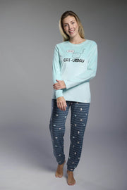 Pijama largo de terciopelo mujer azul estampado gatos