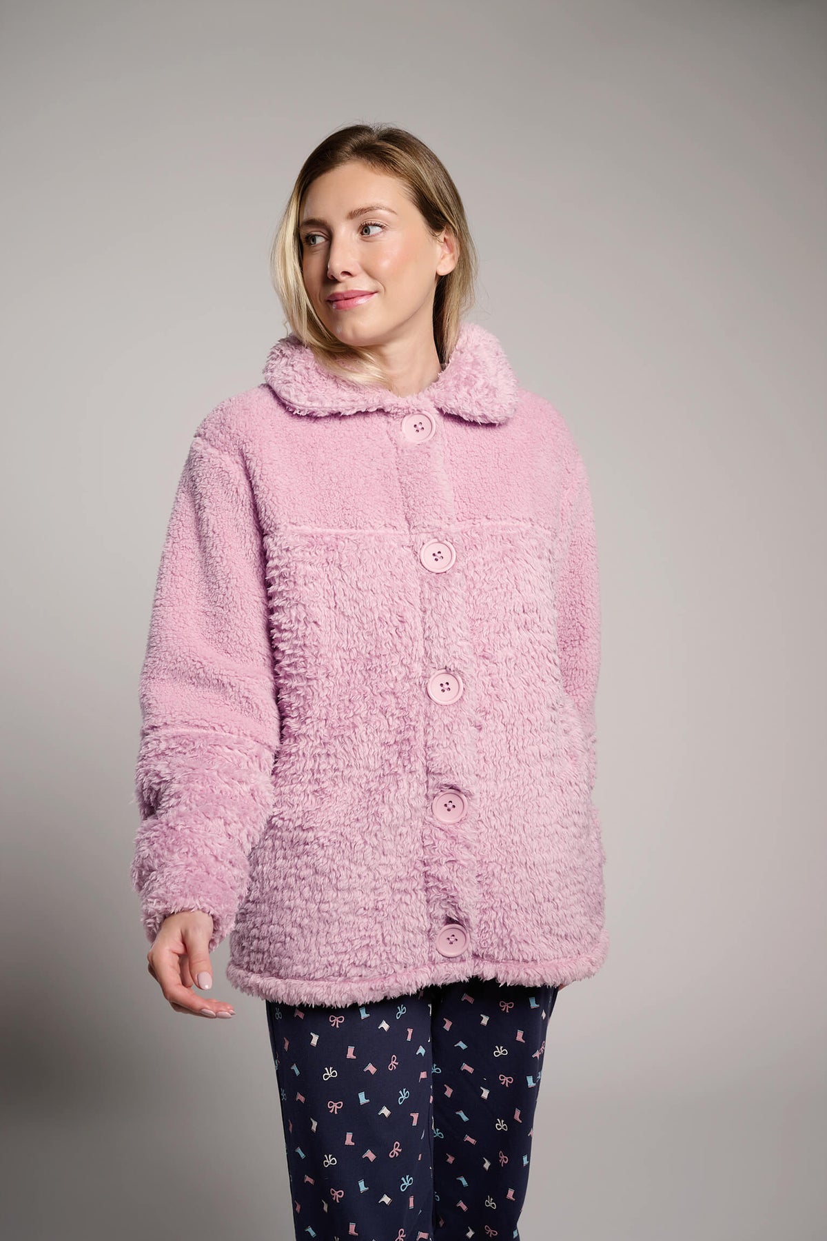 Bata corta polar borreguito mujer rosa con botones