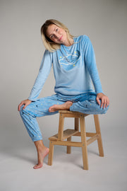 Pijama largo de terciopelo mujer azul estampado noche
