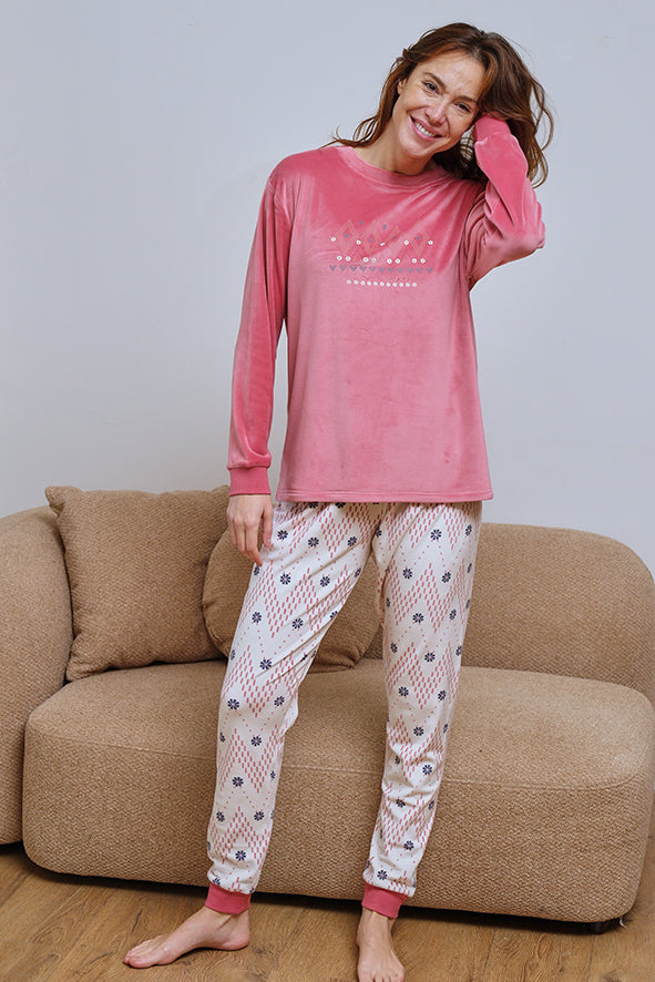 Pijama de mujer spandex rosa con pantalón estampado