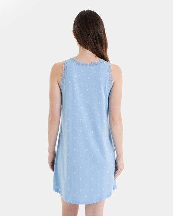 Camisón Corto de Tirantes con Puntilla Micro Estampado