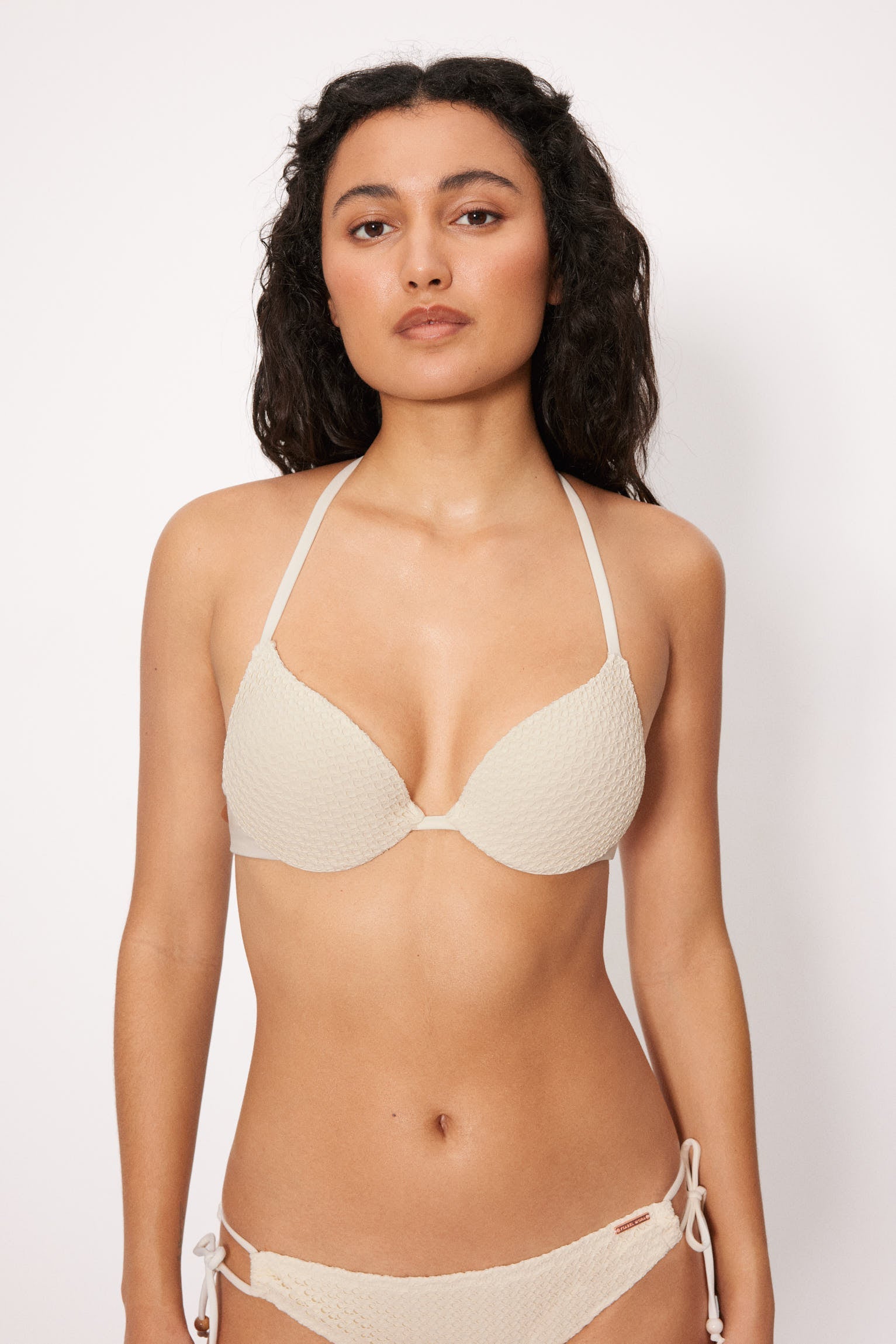 Conjunto bikini doble push-up tejido calado marfil copa B