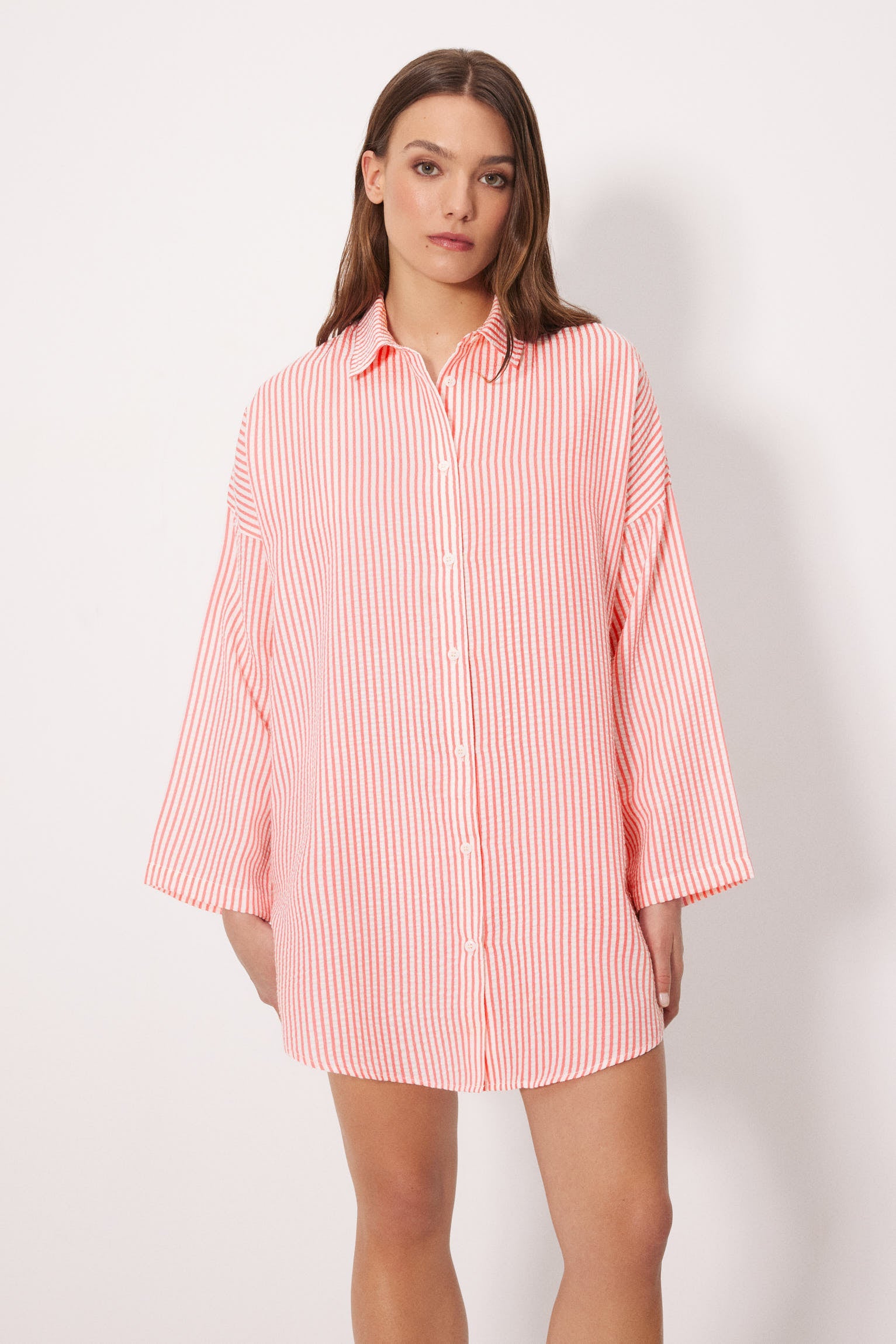 Camisa larga bambula rayas rosa