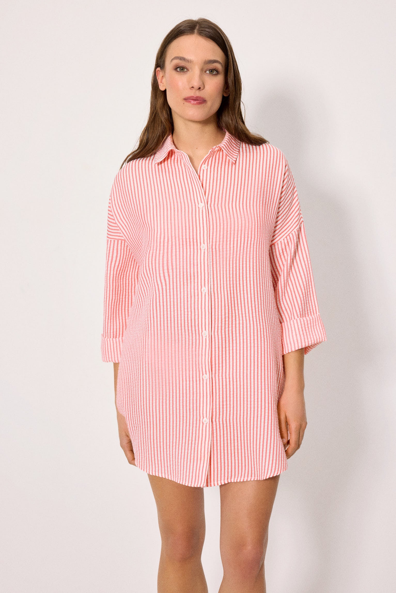 Camisa larga bambula rayas rosa