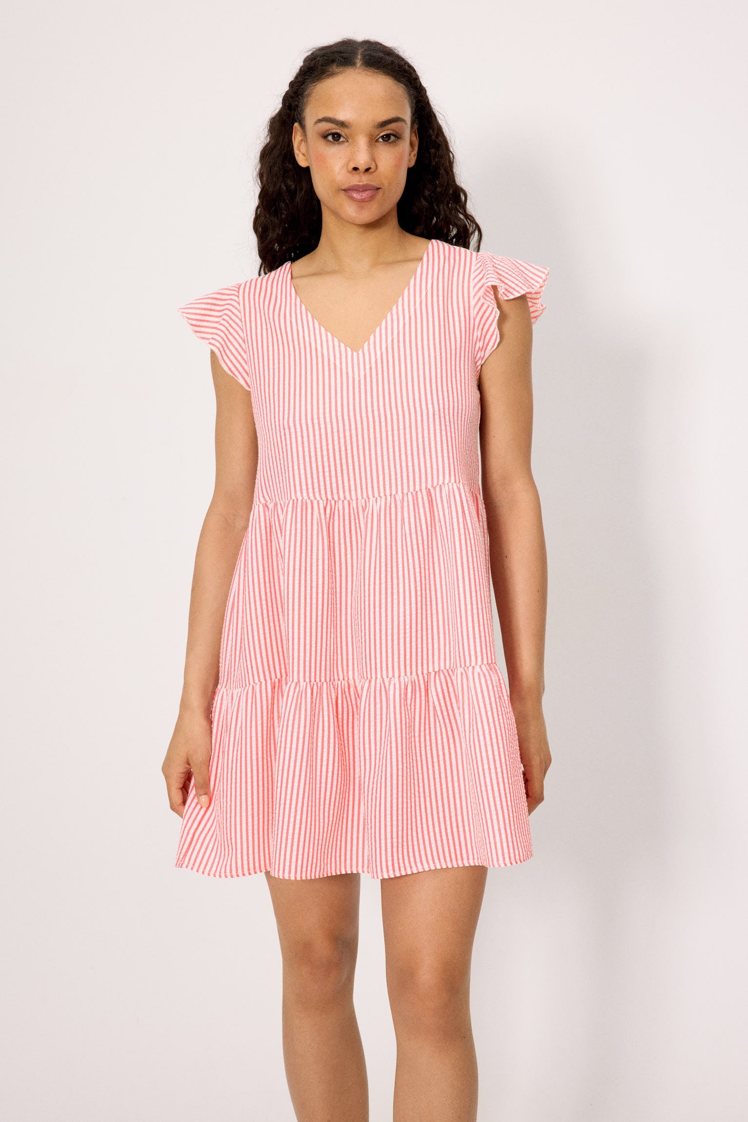 Vestido corto paneles bambula rayas rosa