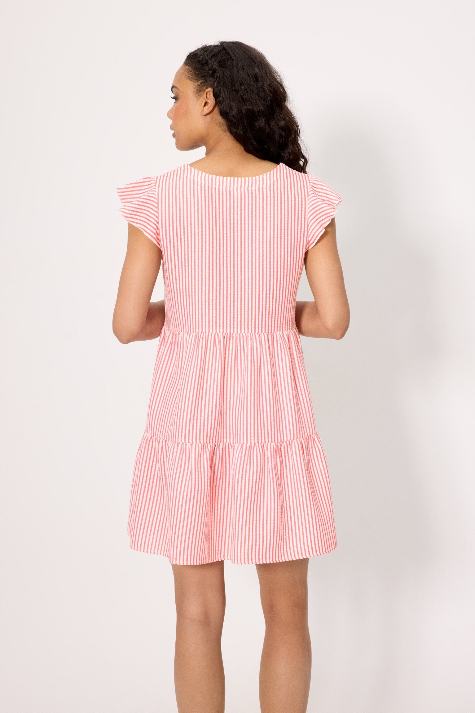 Vestido corto paneles bambula rayas rosa