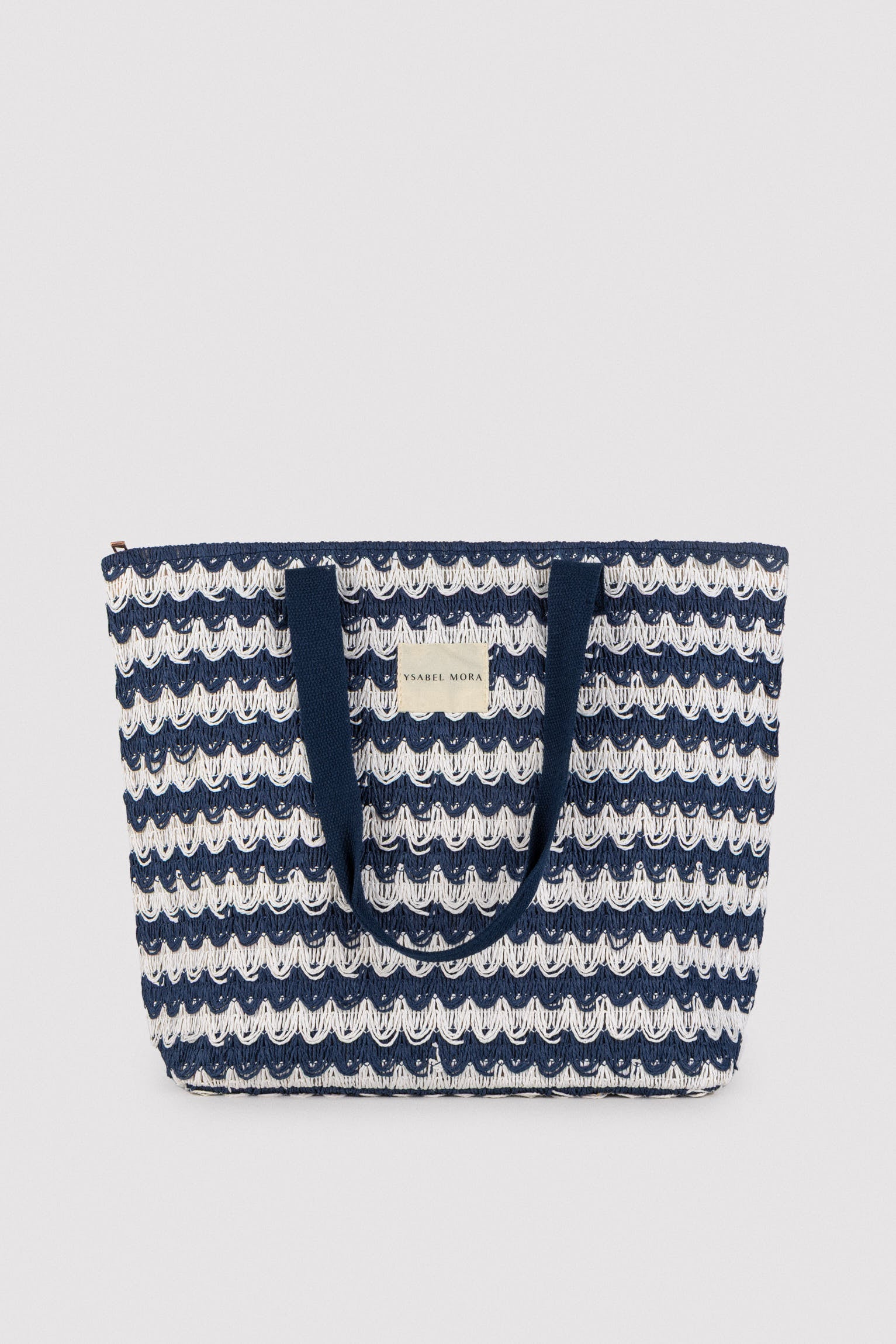 Bolso de playa de rafia blanco y marino