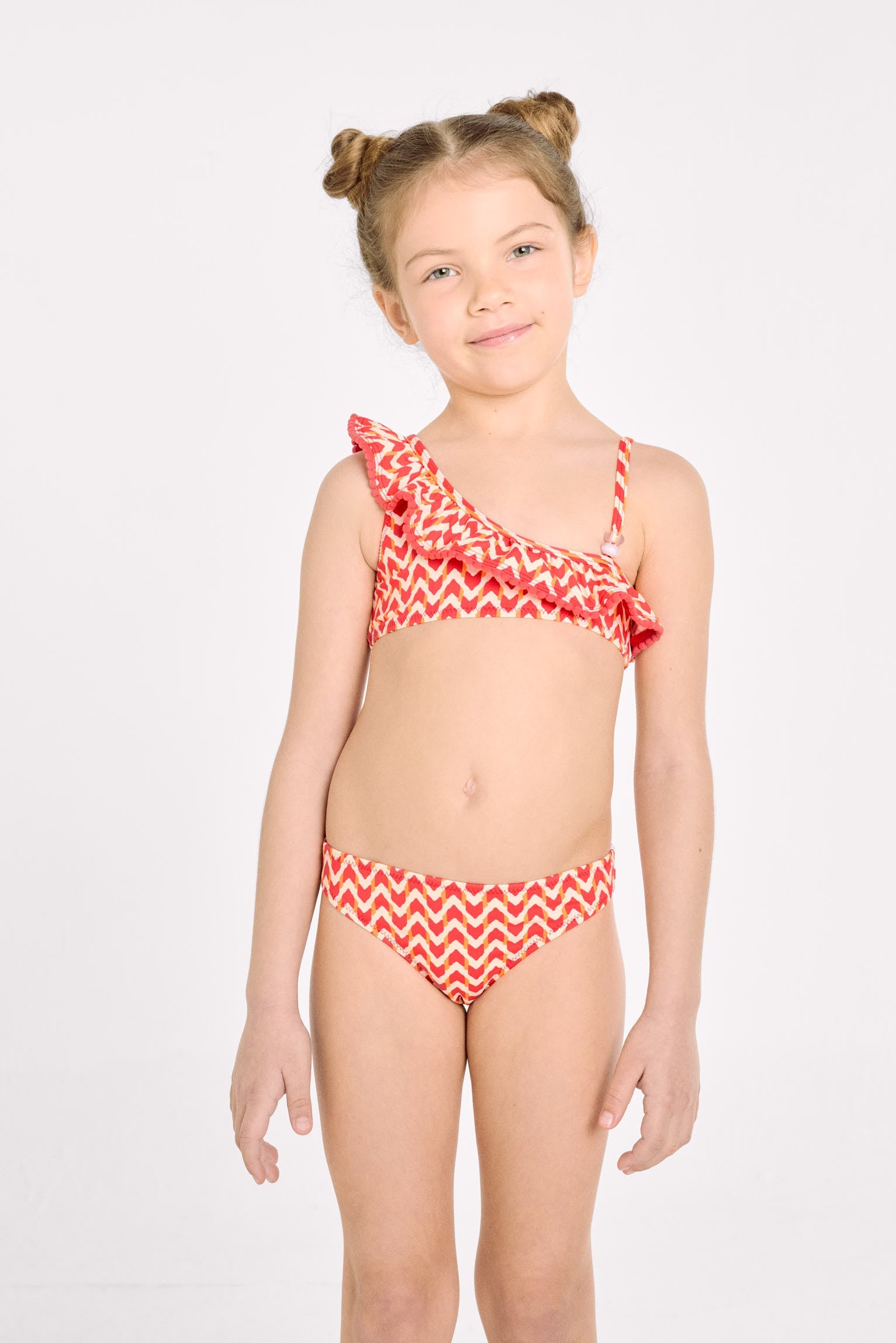 Bikini niña asimétrico detalle volante estampado étnico