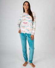 Pijama de mujer de manga larga con estampado de inspiración étnica y pantalón largo liso con puños