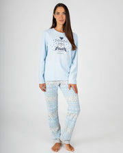 Pijama de mujer de manga larga con estampado de pingüino y pantalón cenefas