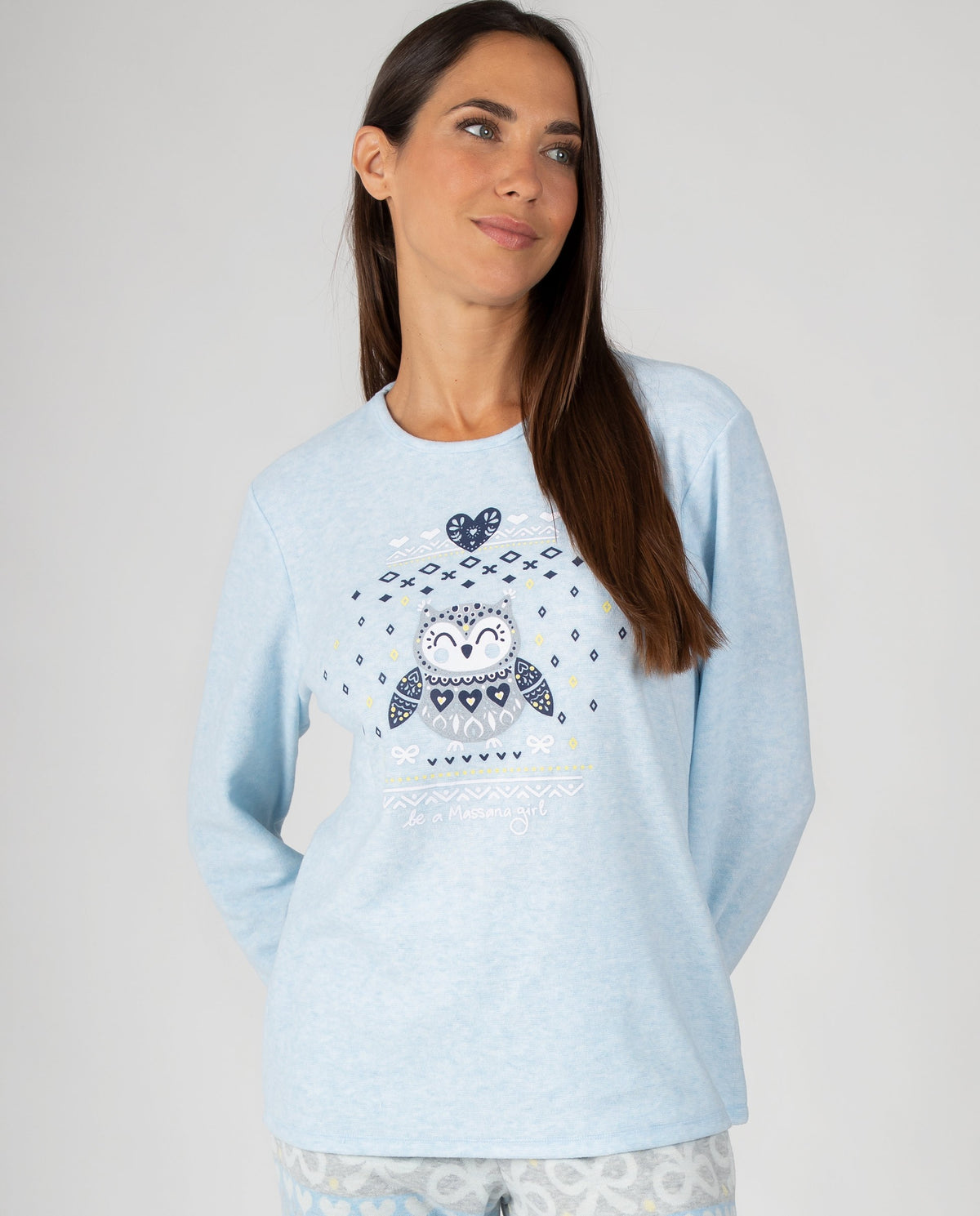 Pijama de mujer de manga larga con estampado de pingüino y pantalón cenefas