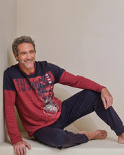 Pijama de hombre con cuello a contraste y pantalón liso