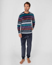 Pijama largo de hombre con camiseta de rayas multicolor y pantalón con puños