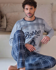 Pijama largo de hombre con estampado motero y pantalón de cuadros