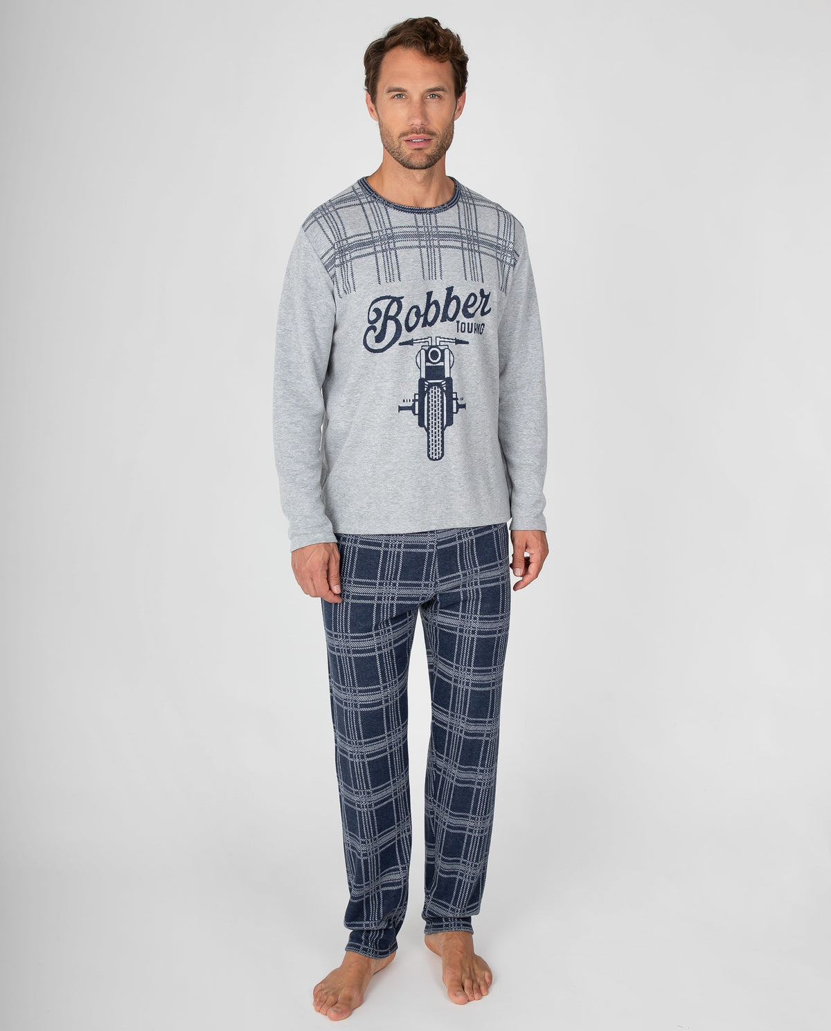 Pijama largo de hombre con estampado motero y pantalón de cuadros
