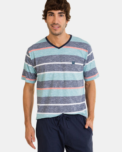 Pijama corto de hombre de punto listado en tonos azules
