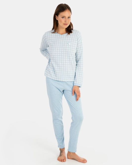 Pijama de mujer largo en tejido Jacquard  Vichy y  tejido interlock