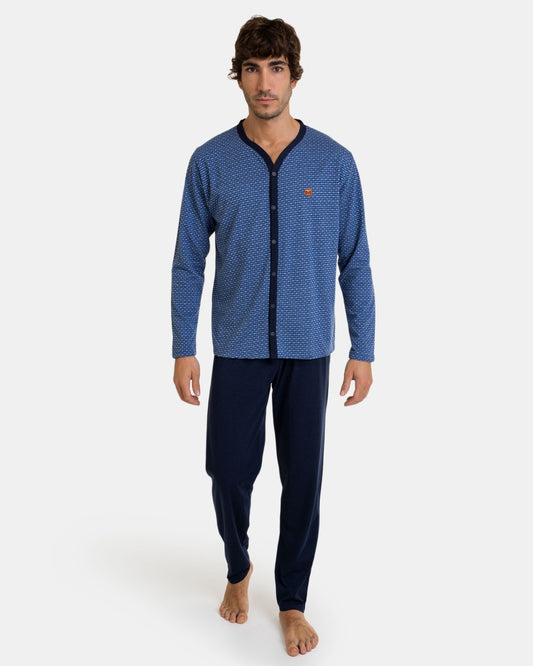 Pijama largo de hombre abierto de punto en color azul