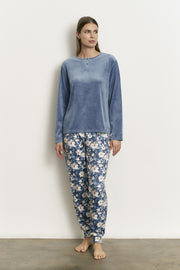 Pijama pantalón largo puño con camiseta manga larga de terciopelo elástico azul